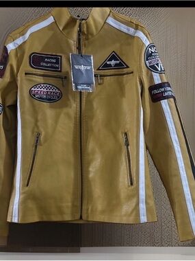 Racing-Inspired Mustard Yellow Leather Bomber Jacket with White Stripes